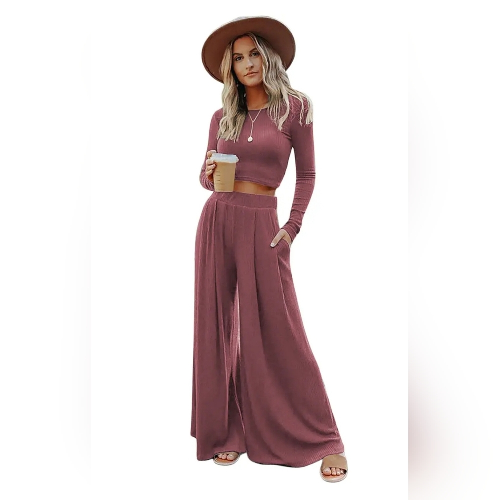 Two-piece womens set crop top and wide leg pants